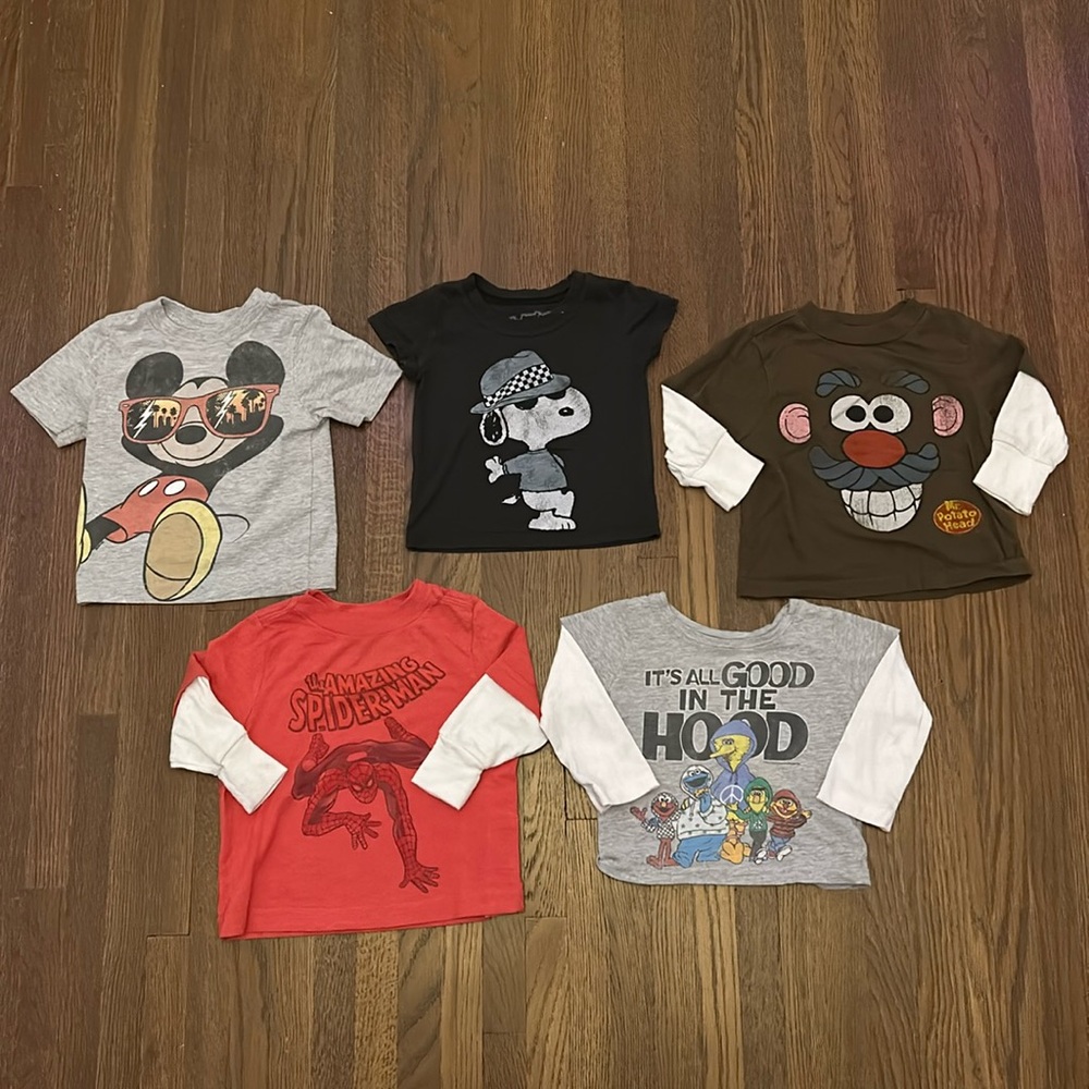 Lot of 5 Character Shirts Mickey, Snoopy, Spider-Man,6-12 months EUC